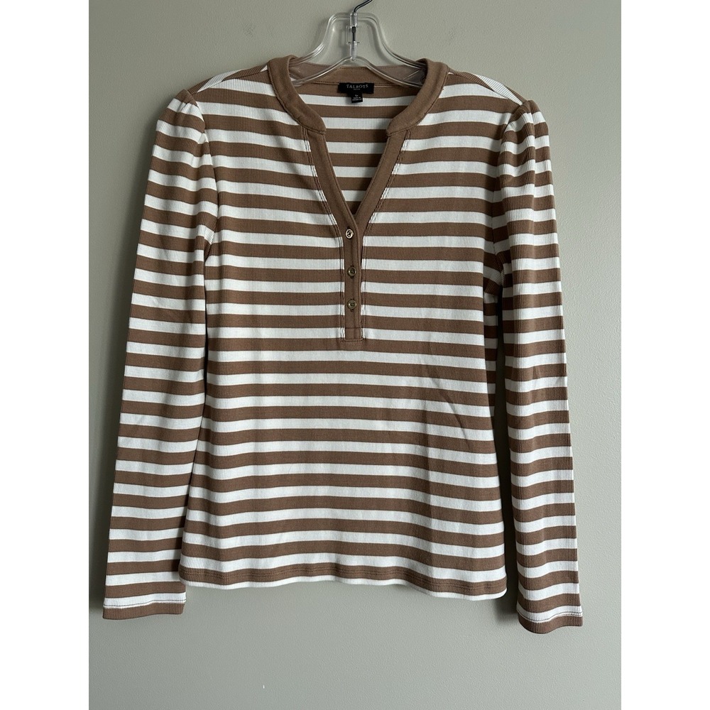 TALBOTS Brown &‎ White Striped Long Sleeve; Size Small Petite